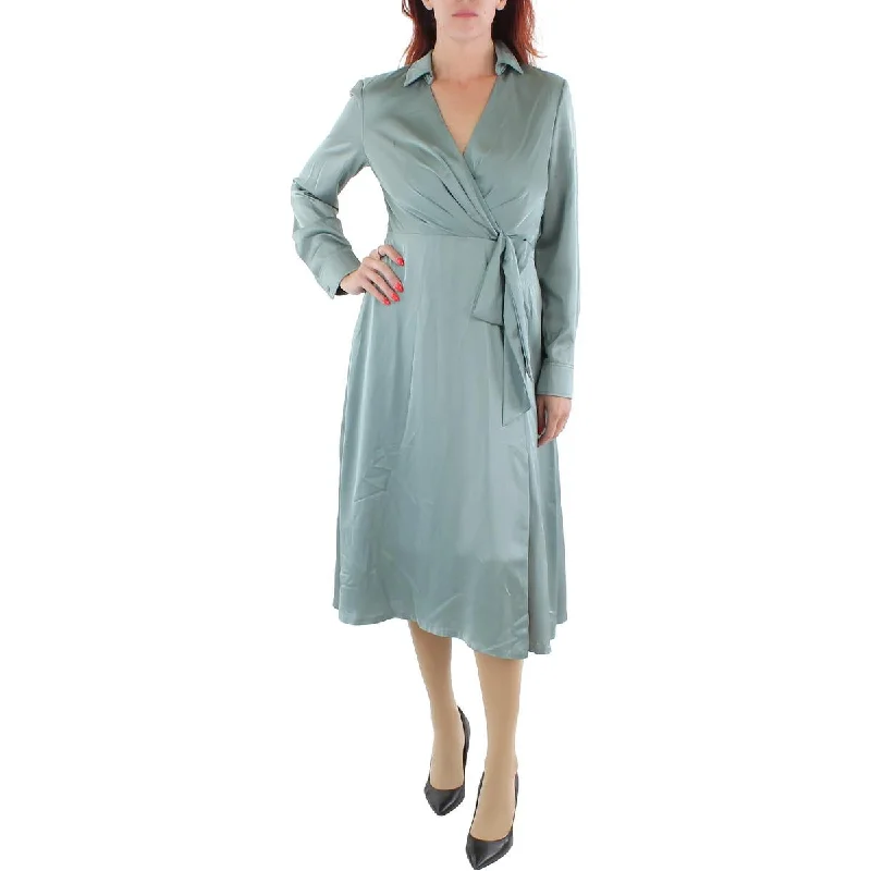 Womens Charmeuse Long Sleeves Midi Dress Wrap midi dresses