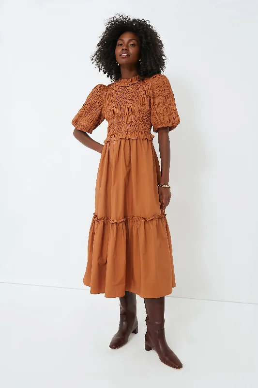 Exclusive Caramel Bubble Sleeve Smocked Midi Dress Off-shoulder midi dresses