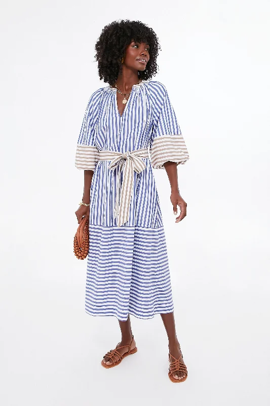 Tan and Blue Stripe Combo Sun Mesa Midi Tiered midi dresses