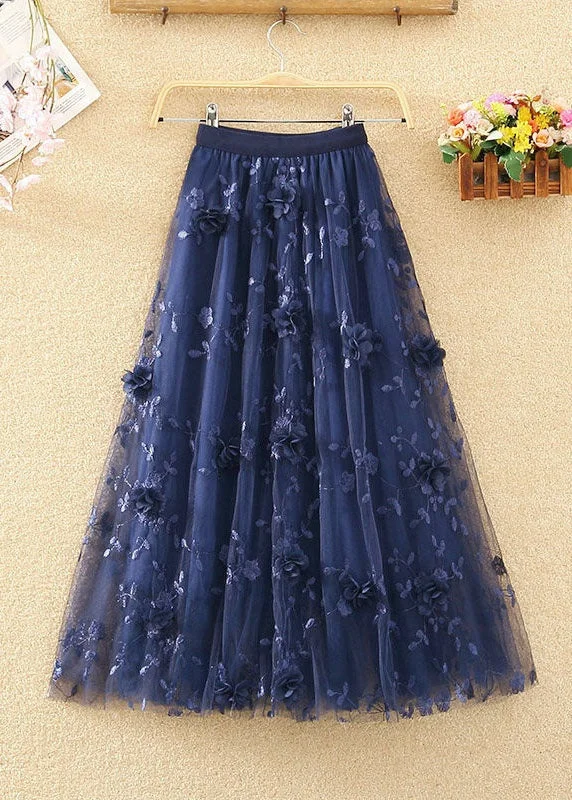 French Navy Wrinkled Embroideried Floral Decorated Tulle Skirts Spring Sequin unclassified skirts