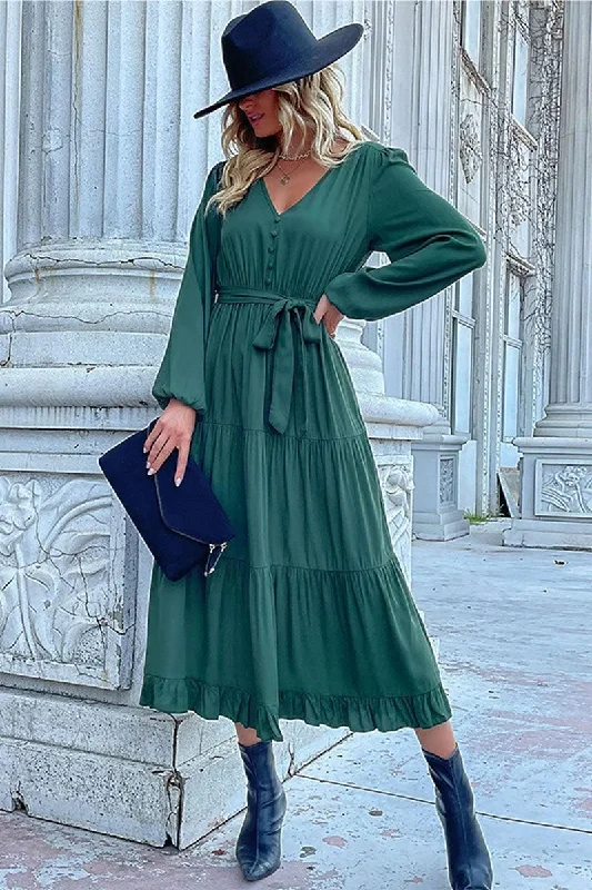 V NECK DRAWSTRING WAIST RUFFLED LONG DRESS Flattering maxi dresses for all body types