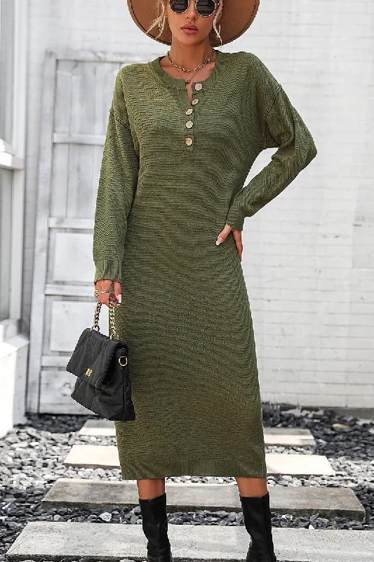 WOMEN RIBBED SLEEVE BUTTON NECK LONG KNIT DRESS Sequin maxi dresses