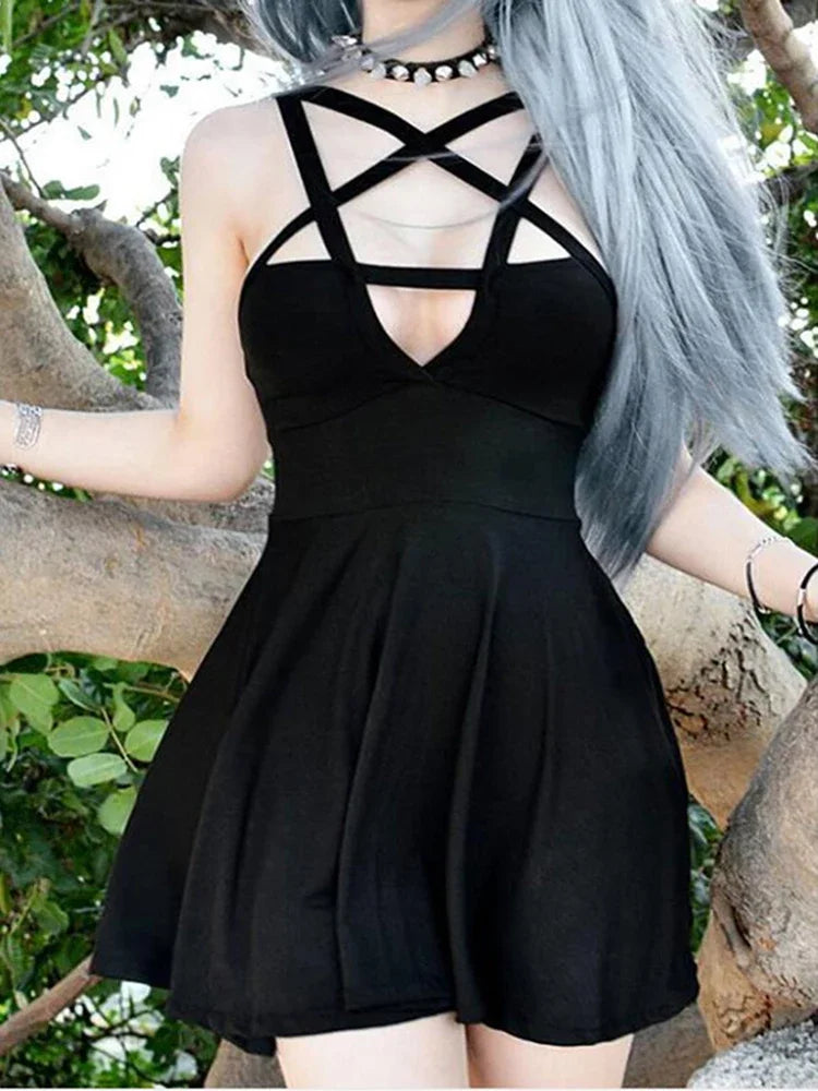 Trendy Black  Gothic Punk Pleated Dress Bright color unclassified dresses