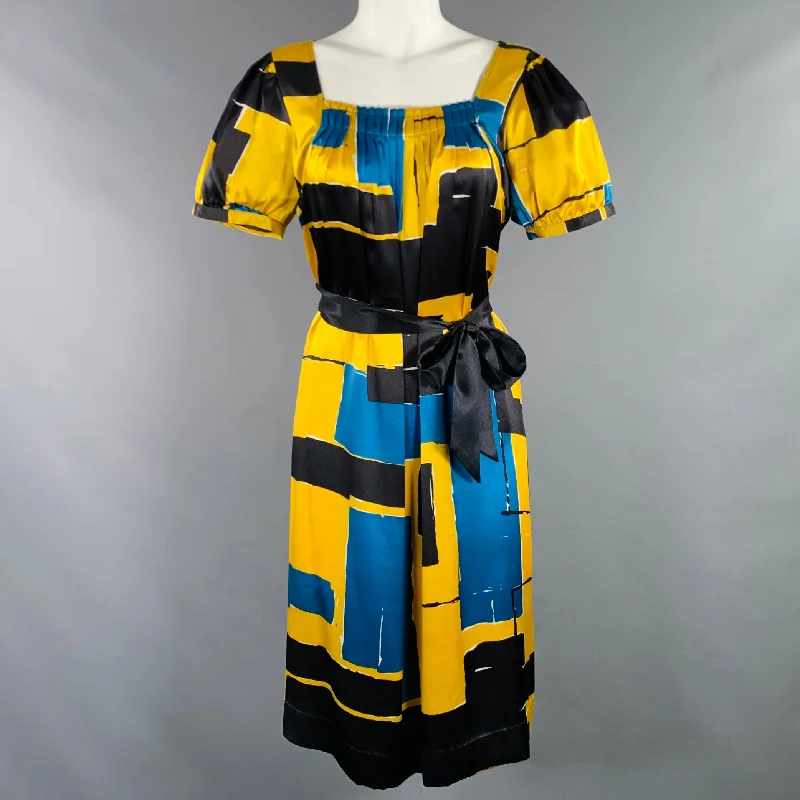 ALFANI Size 8 Yellow Black Silk Abstract Pleated Belted Dress Anniversary unclassified dresses