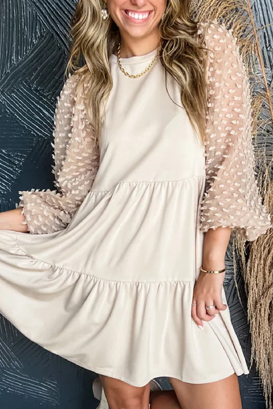 Blue Zone Planet |  Beige Embellished Puff Sleeve Tiered A-line Dress Comfortable unclassified dresses