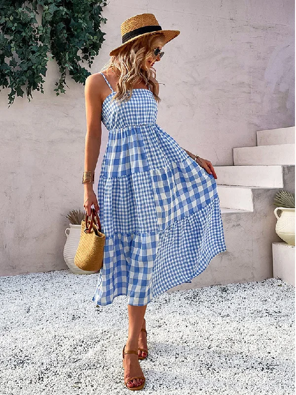 Blue Spaghetti Strap Plaid Bohemia Holiday Dress For Women Metallic unclassified dresses