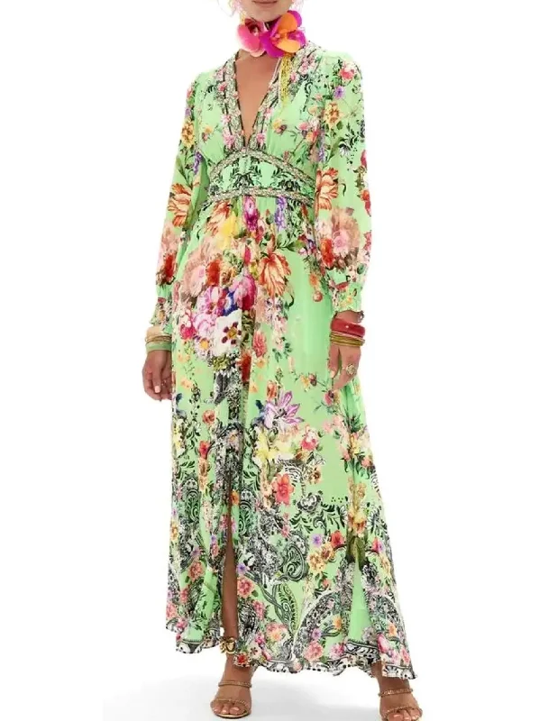 Bright Green Button-Down Dress with Multicolored Floral Print Organza floral dresses