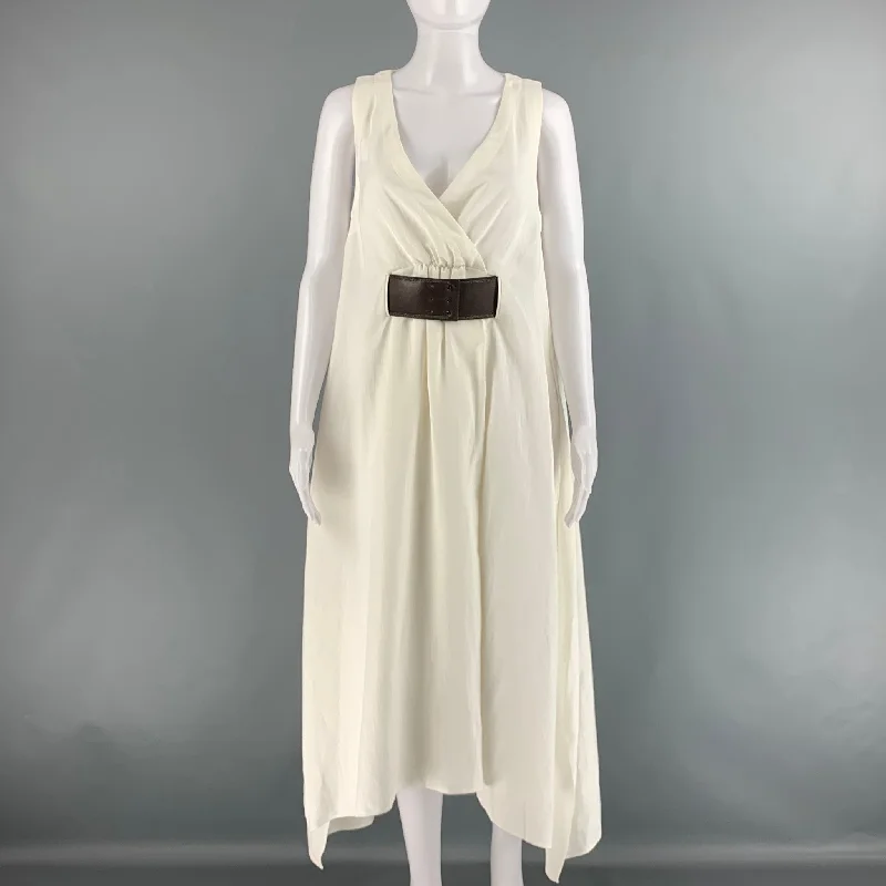 BRUNELLO CUCINELLI Size S White Brown Viscose Linen Belted Dress Vacation unclassified dresses