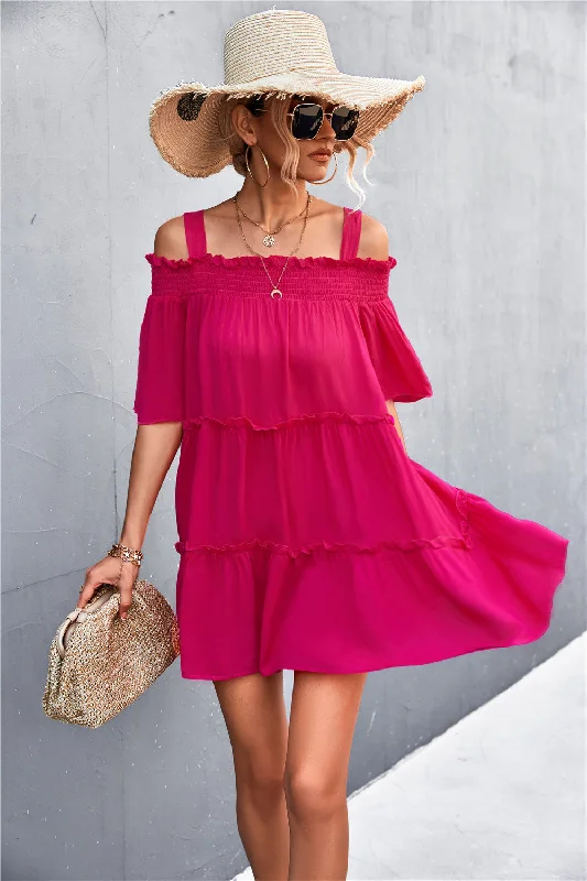 Cold-Shoulder Frill Trim Tiered Dress Casual unclassified dresses