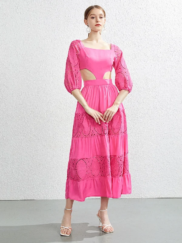 Cut Out Waist Half Sleeves Square Collar Back Strap Swing Boho Dress Wedding guest unclassified dresses