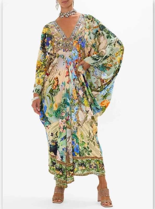 Fairy Tale and Floral Printed Silk Kaftan Dress Date night floral dresses