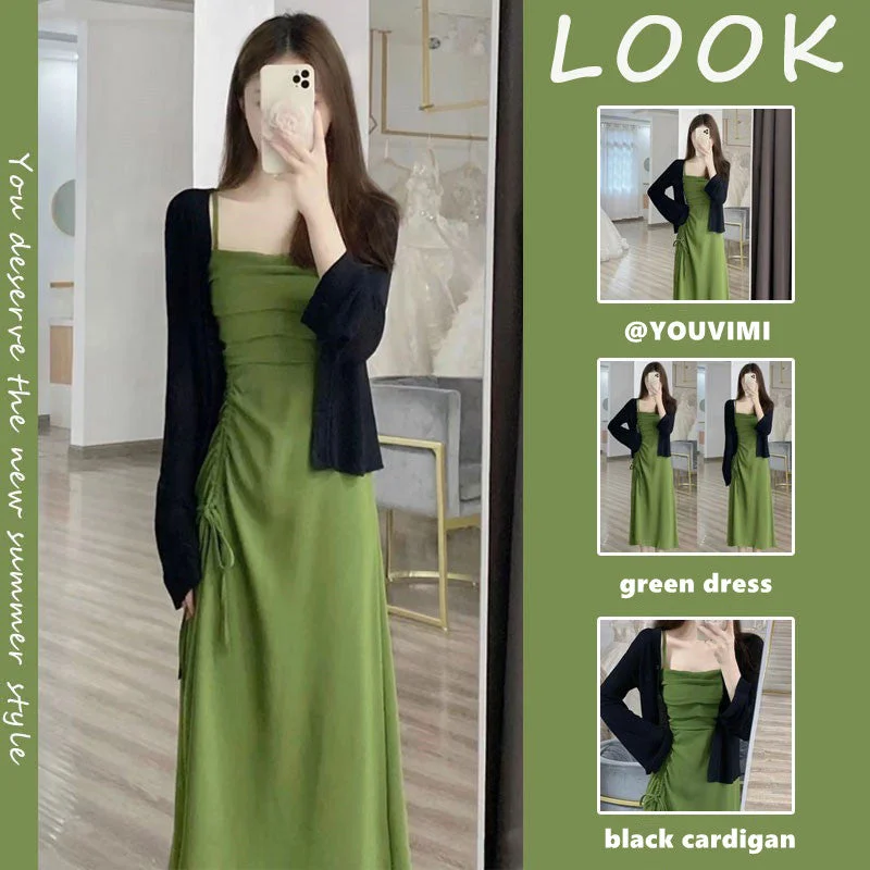 Green Dress + Black Cardigan Set yv31480 Discounted unclassified dresses