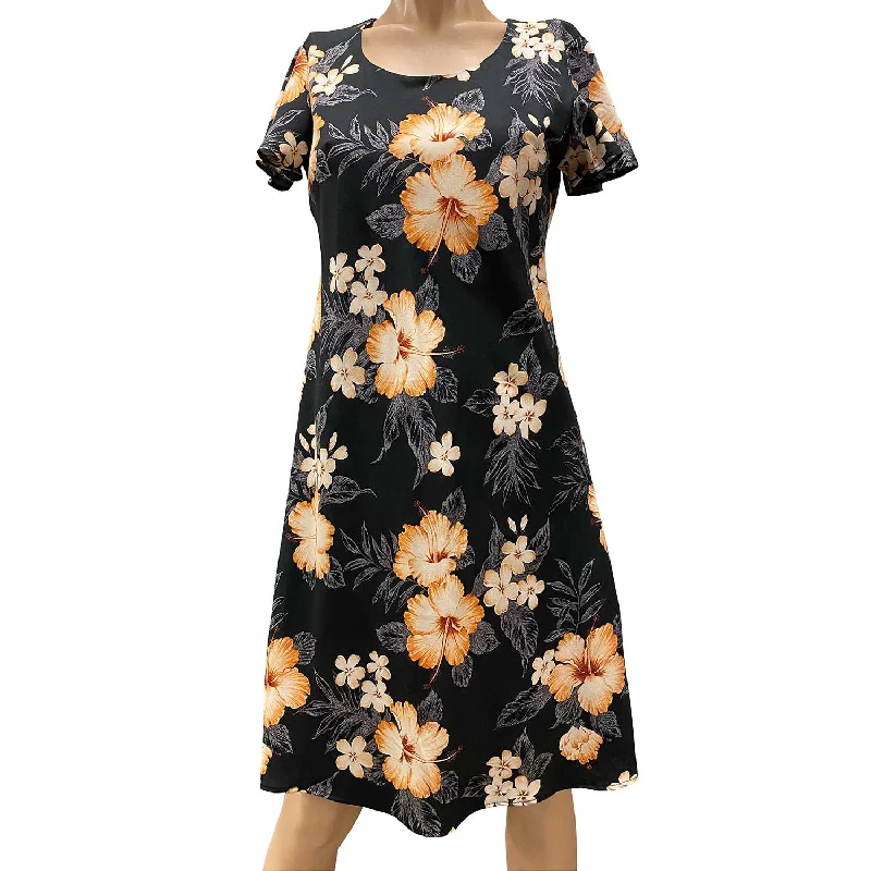 Hibiscus Resort Black A-Line Dress with Cap Sleeves Lightweight unclassified dresses