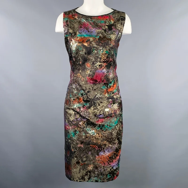 J.MENDEL Size 10 Black Multi Color Silk Blend Marbled Lambskin Sleeveless Dress Bright color unclassified dresses