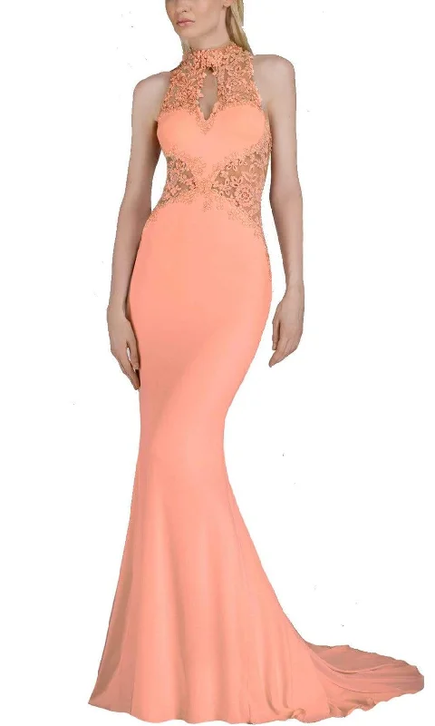 Janique - W974SC Embroidered Halter Mermaid Gown in Peach Holiday unclassified dresses