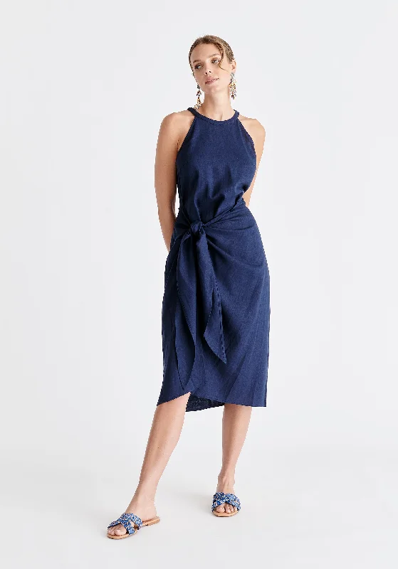 Linen Blend Waist Tie Dress Off-shoulder unclassified dresses