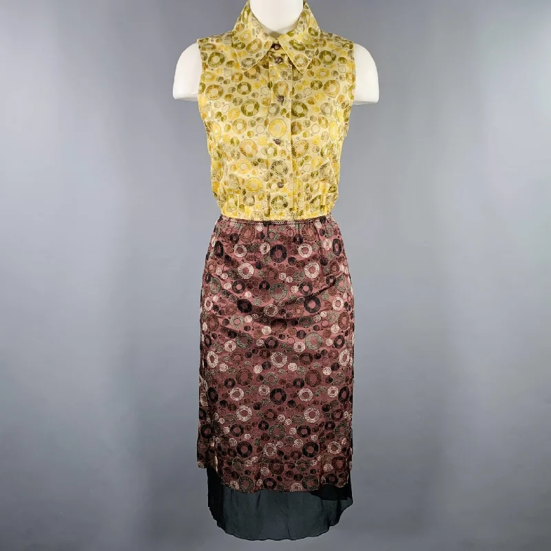 MARC JACOBS Size 4 Yellow Brown Rayon Silk Embroidered Elastic Waistband Dress Short unclassified dresses