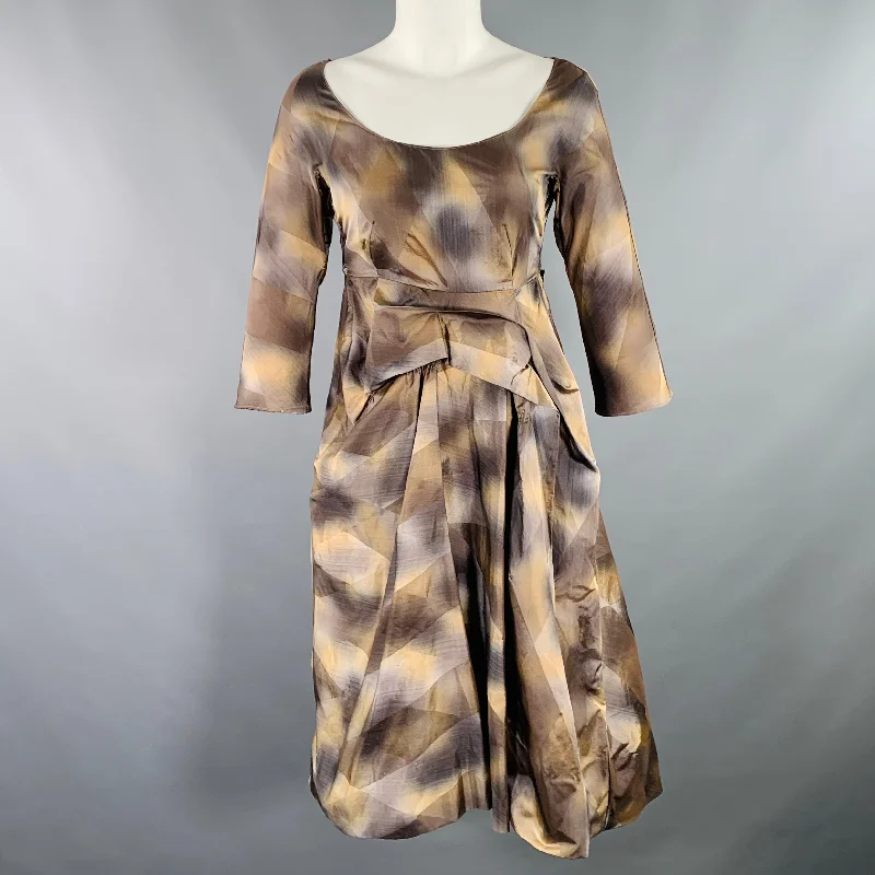 MARNI Size 2 Brown Beige Polyester Taffeta Diamond 3/4 Sleeves Dress Luxury unclassified dresses