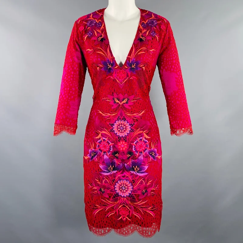 MATTHEW WILLIAMSON Size M Red Fuchsia Nylon Embroidered 3/4 Sleeves Dress Boho unclassified dresses