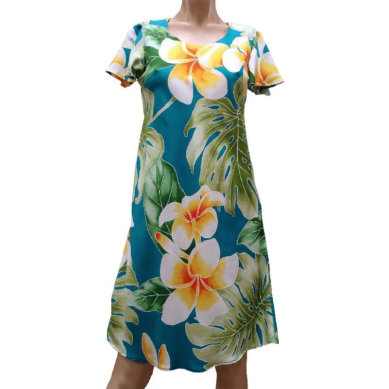 Mega Plumeria Blue A-Line Dress with Cap Sleeves Boho unclassified dresses