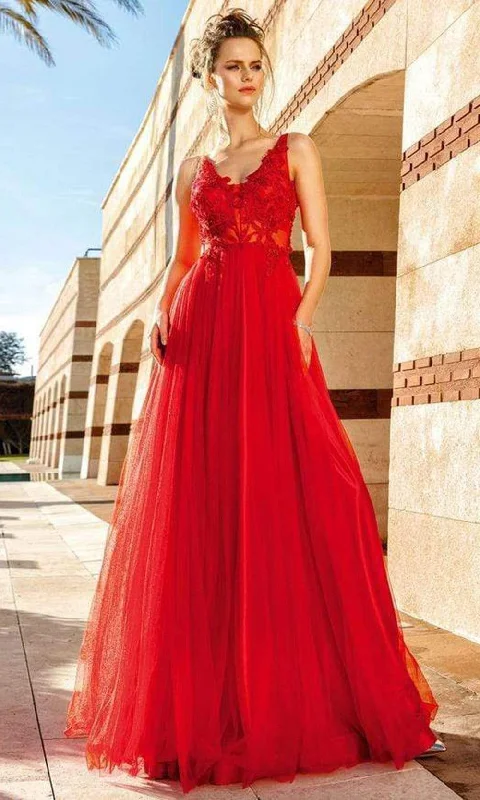 MNM COUTURE - F4884 Sleeveless V-Neck Embroidered Gown Long unclassified dresses