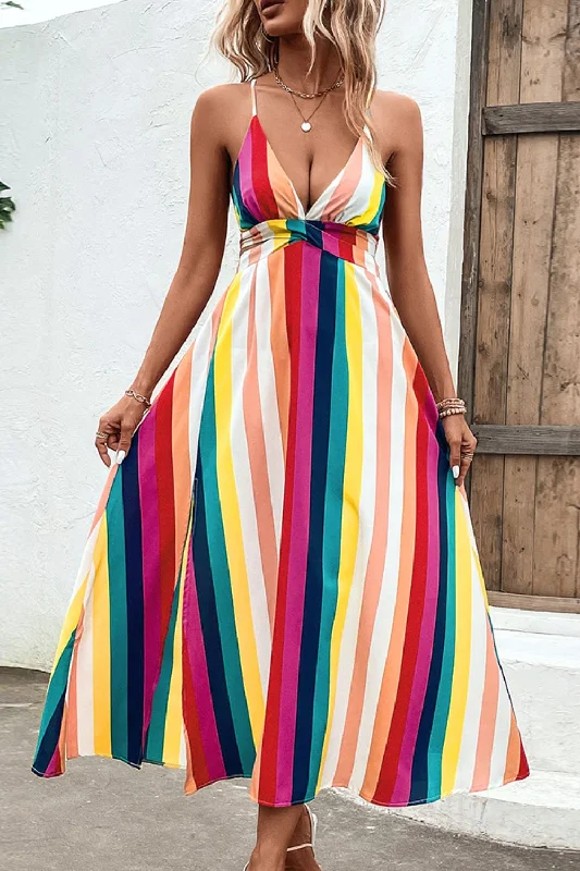 Multicolored Stripe Crisscross Backless Dress Luxury unclassified dresses