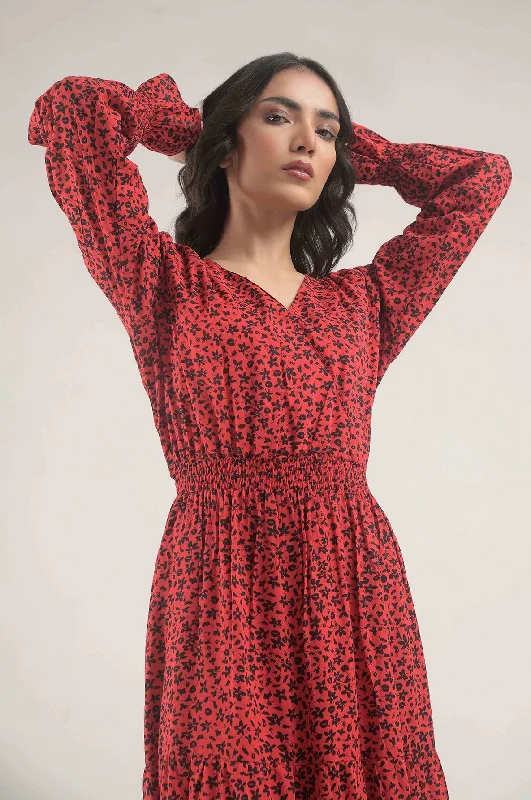 Negative Apparel Flounce Sleeve Shirred Dress FD - Red Ditsy Beach unclassified dresses