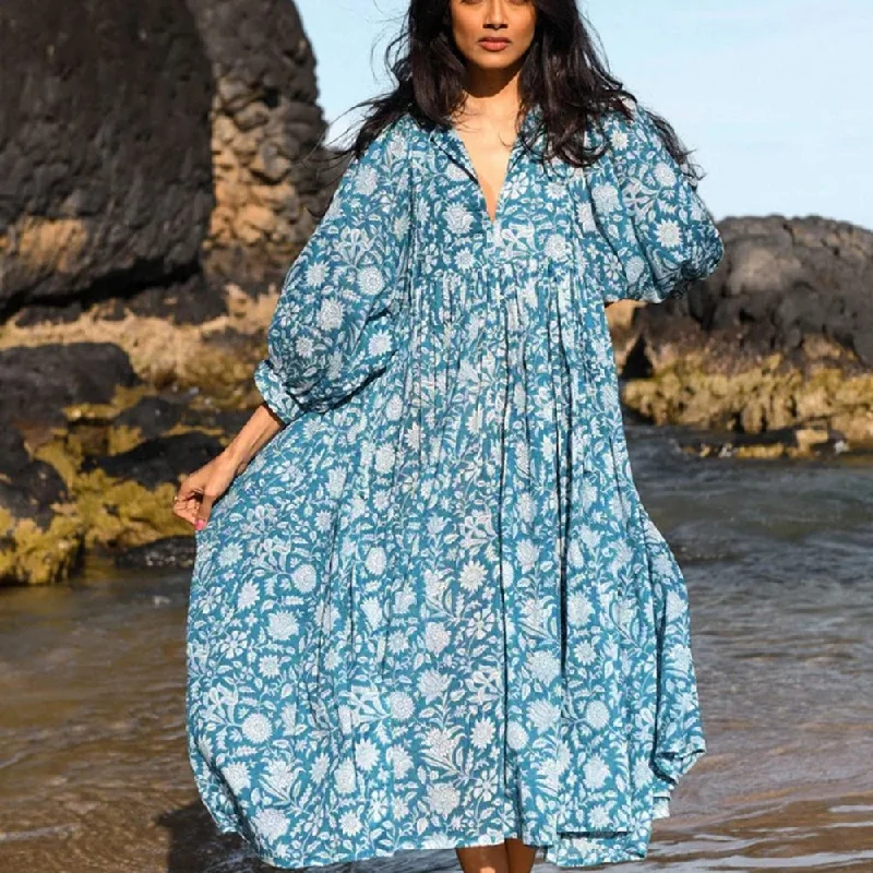 Ocean Blue Bhoo Puff Sleeve Flowy Dress Holiday unclassified dresses