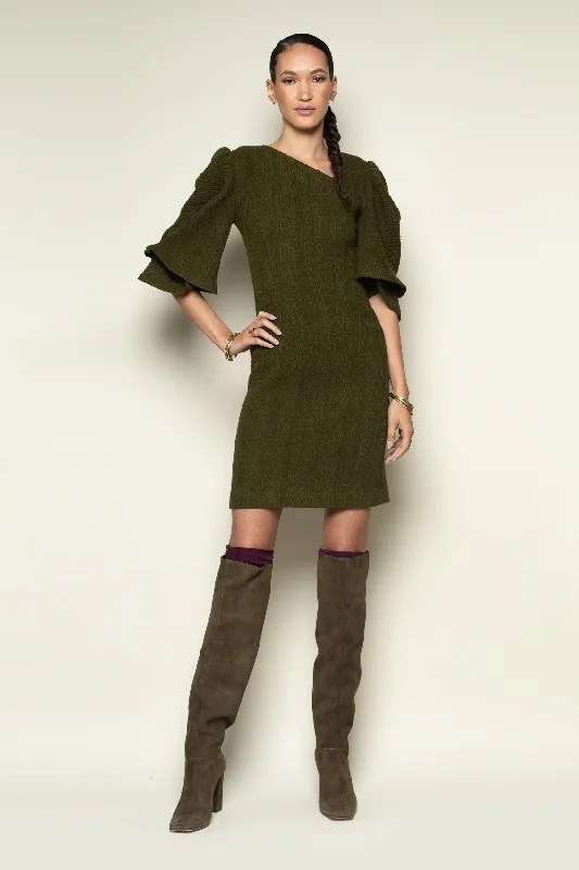 Olive Cable Knit Pleated Fan Sleeve Dress High-low unclassified dresses