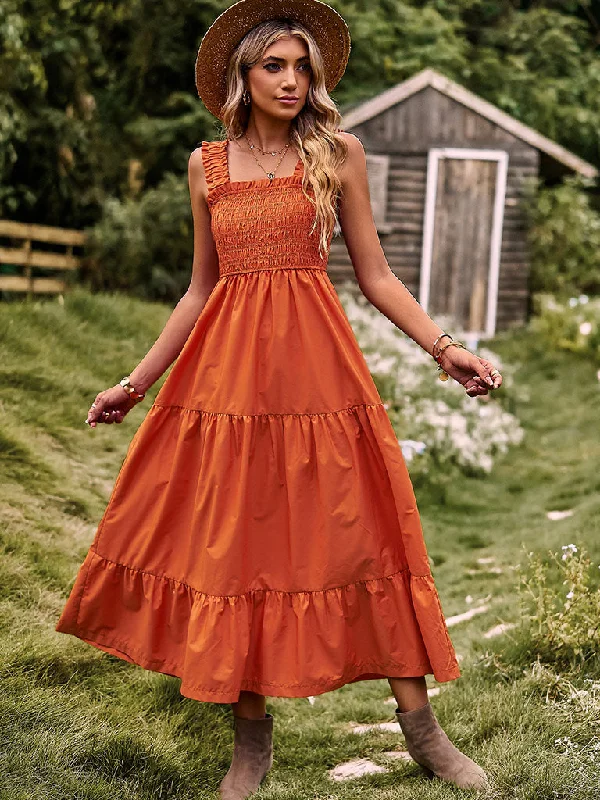 Orange Spaghetti Strap Bohemia Holiday Dress For Women Color block unclassified dresses