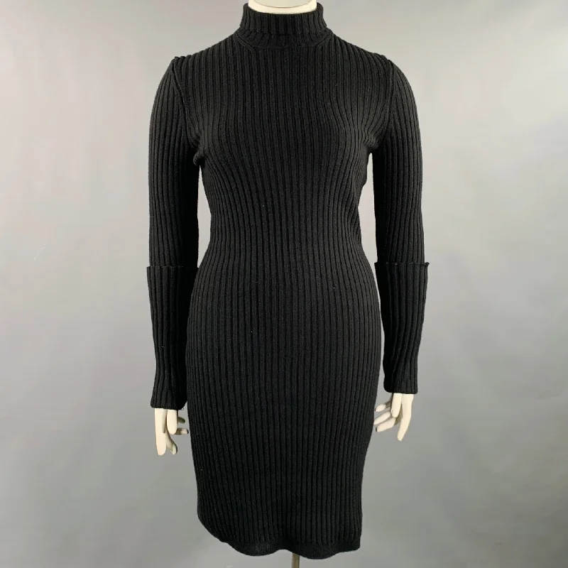 PACO RABANNE Size L Black Wool Blend Ribbed Turtleneck Dress Date night unclassified dresses