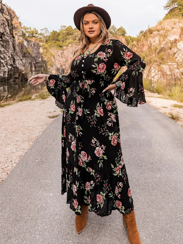 Plus Size Floral Flare Sleeve Dress Graduation floral dresses