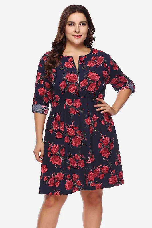 Plus Size Floral Print Half Zip Up Dress Minimalist floral dresses