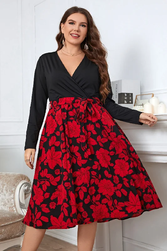 Plus Size Floral Surplice Neck Long Sleeve Dress Best floral dresses for beach vacations