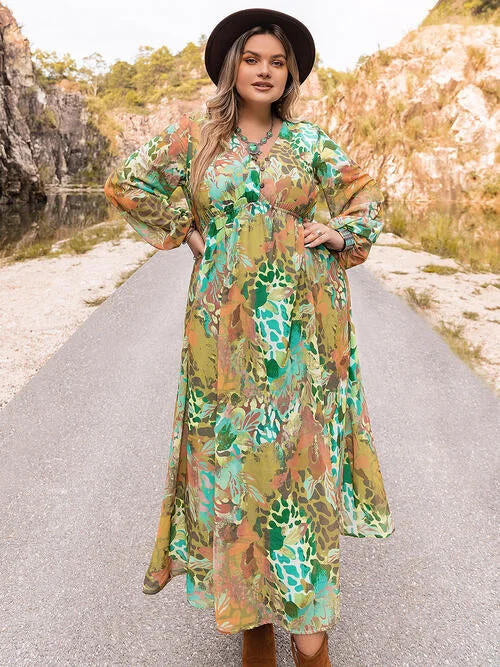 Plus Size Floral V-Neck Long Sleeve Dress Best floral dresses for outdoor weddings