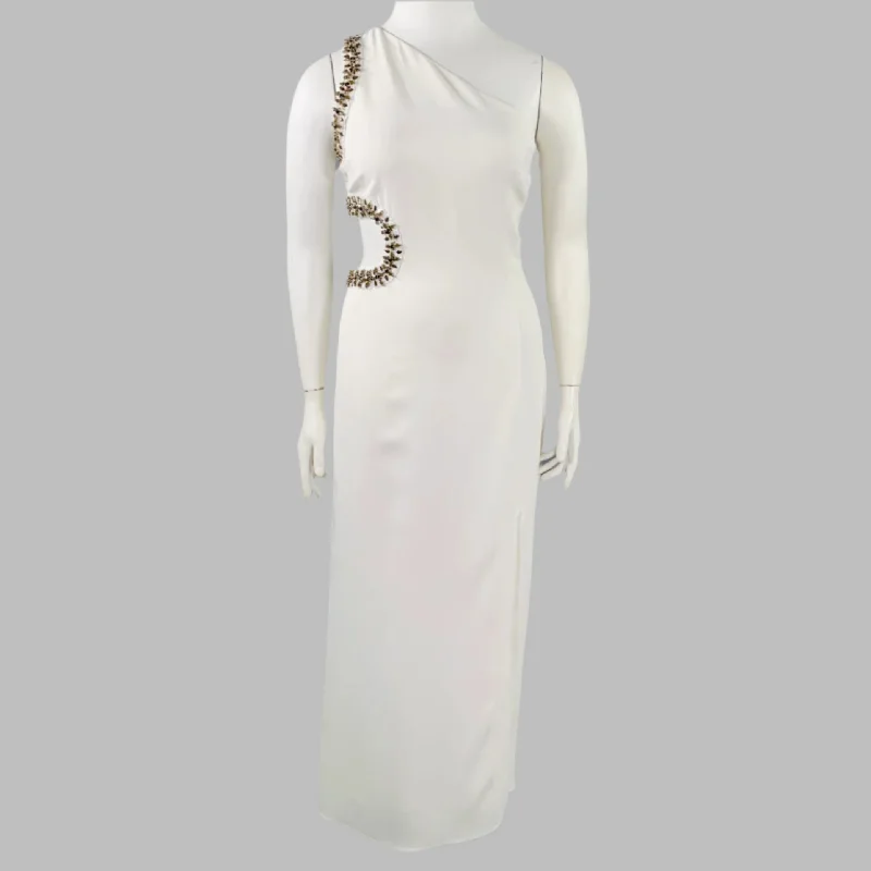 ROBERTO CAVALLI Size 12 Cream Viscose Blend Rhinestones Evening Gown Open-back unclassified dresses