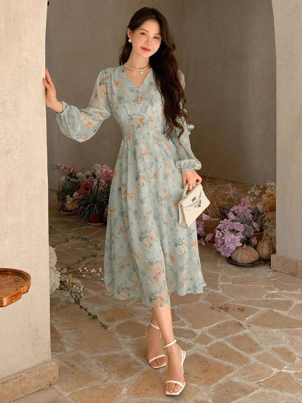 SHEIN DAZY Chiffon Ditsy Floral V-Neck Cinched Waist High Waist Long Sleeve Dress A-line floral dresses