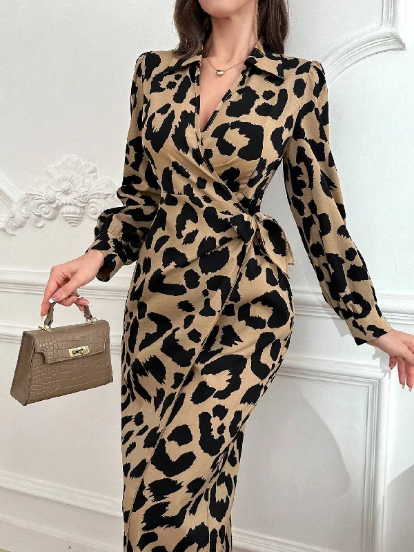 SHEIN Modely Fashionable Leopard Print Wraparound Dress With Tie For Spring And Summer Summer floral dresses