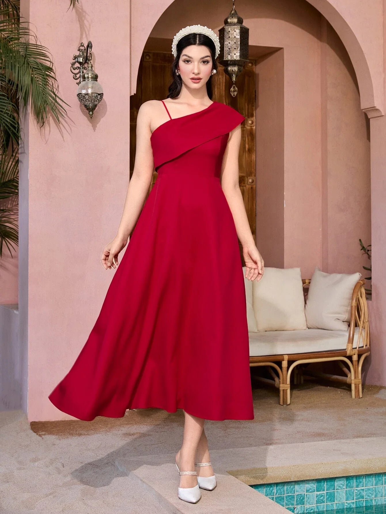 Shein Modely Solid Asymmetrical Neck A-line Dress Satin unclassified dresses