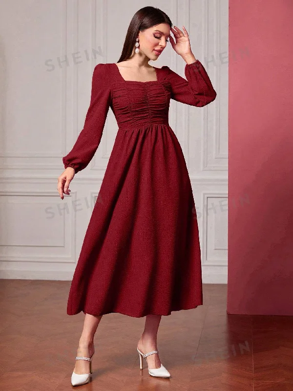 SHEIN Modely Square Neck Ruched Front Lantern Sleeve Dress Unique unclassified dresses