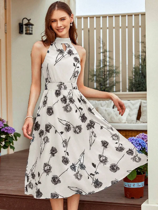 SHEIN Privé Romantic Thorny Rose Printed Vest Dress With Scoop Neckline, Waistband, AndUmbrella-Shaped Hem Smocked floral dresses