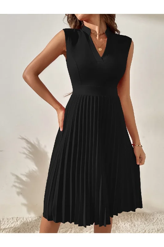 SHEIN Solid Pleated Notched A-line Dress - Small Black Affordable unclassified dresses