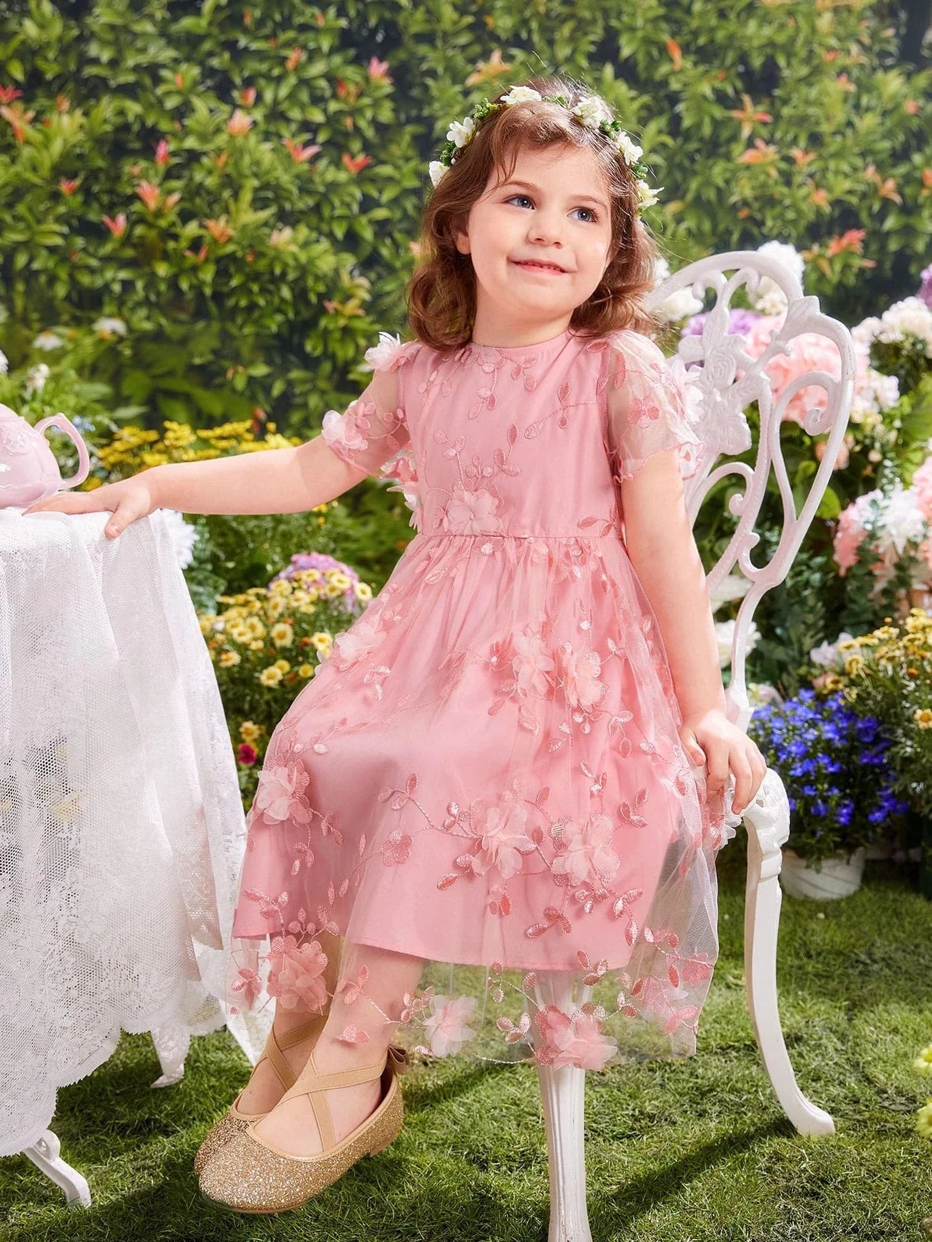 SHEIN Toddler Girls Appliques Embroidery Mesh Overlay Butterfly Sleeve Dress Trendy new unclassified dresses