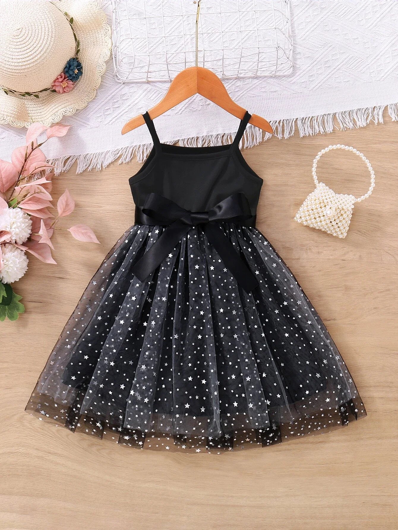 SHEIN Toddler Girls Star Mesh Hem Belted Cami Dress Club unclassified dresses