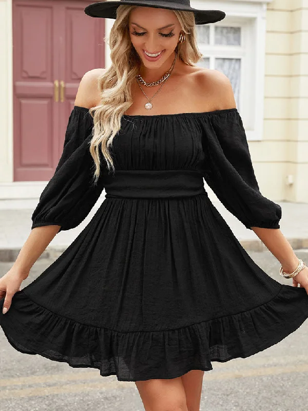 Square Collar or Off Shoulder Solid Color Half Sleeves High Waist Boho Dress Smocked unclassified dresses