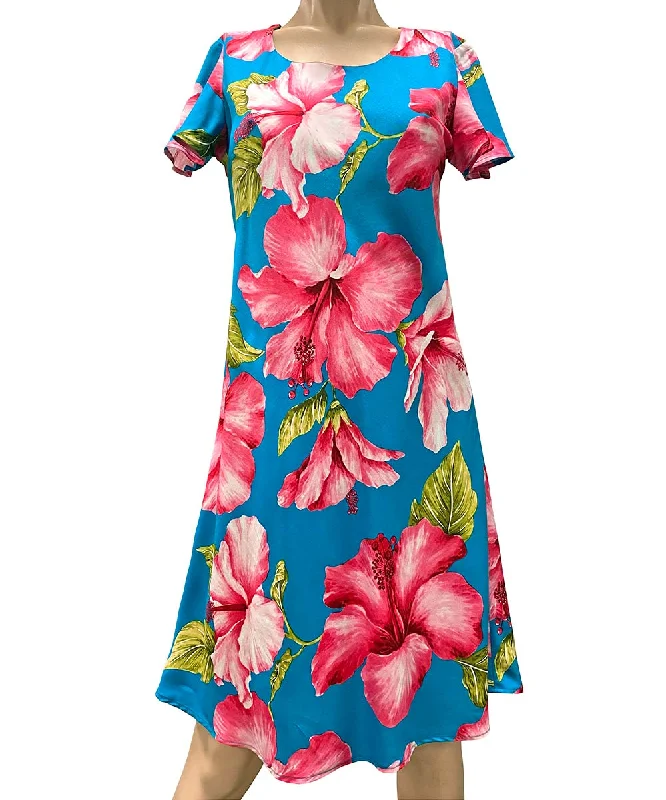 Super Hibiscus Teal A-Line Dress with Cap Sleeves High-low unclassified dresses