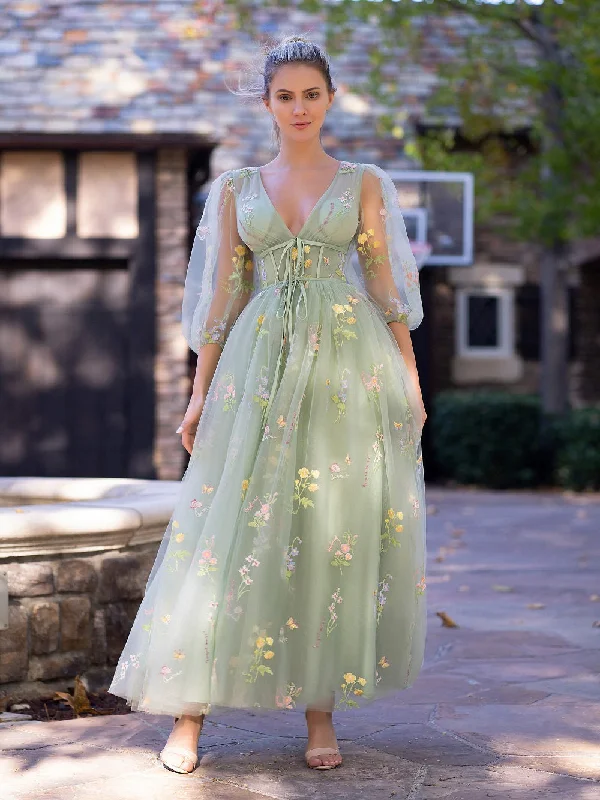 Sweetheart Embroidery Prom Dress Women A Line Tea-Length Green Tulle Puff Sleeves Floral Corset Office floral dresses