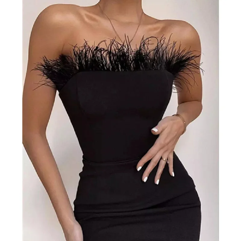 Trendy Bandage Strapless Feather Dress Flowy unclassified dresses