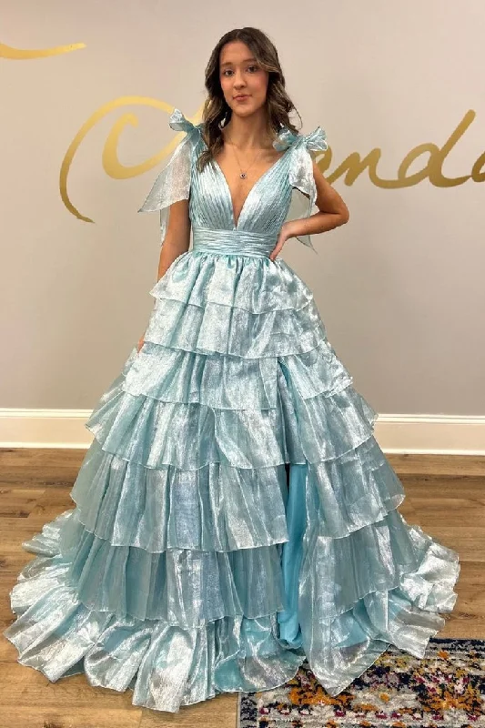 V Neck Blue Ruffle Tiered Organza Prom Dress with Bow Bright color unclassified dresses