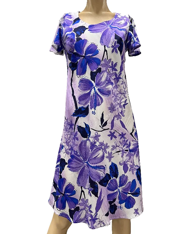 Watercolor Hibiscus Purple A-Line Dress with Cap Sleeves Chiffon unclassified dresses